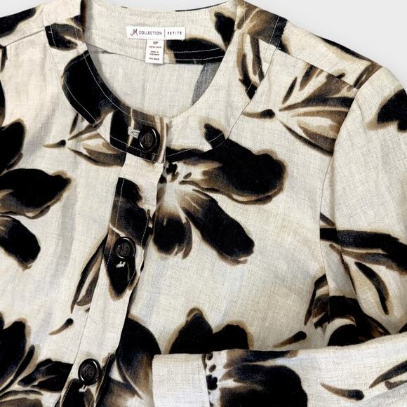 JM Collection Petite 100% Linen Floral 3/4 Sleeves Button Up Top Blouse Size 10P - Picture 6 of 13